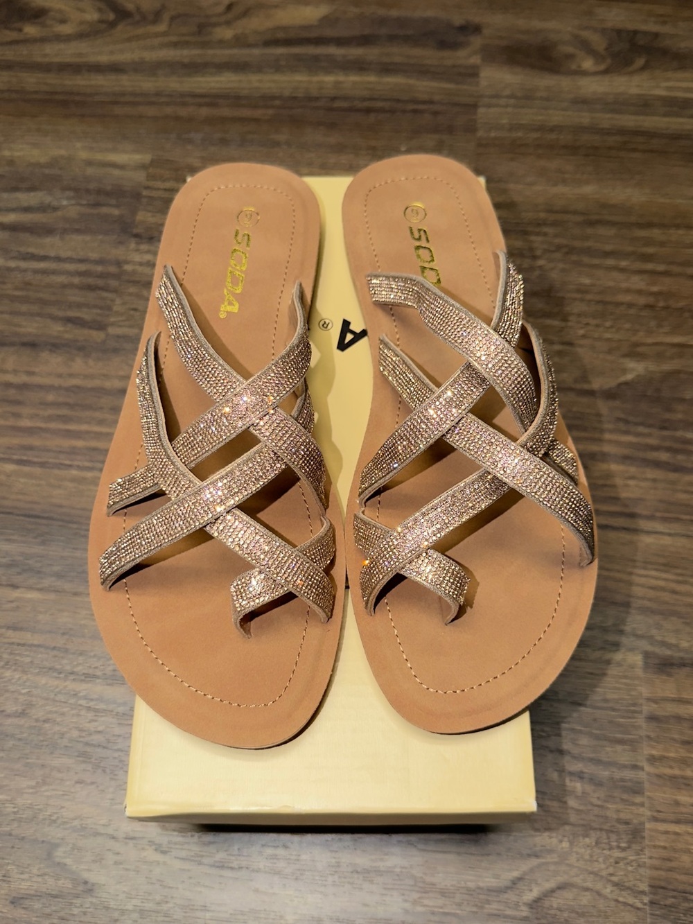 Soda Rose Gold Crisscross Slide Sandals